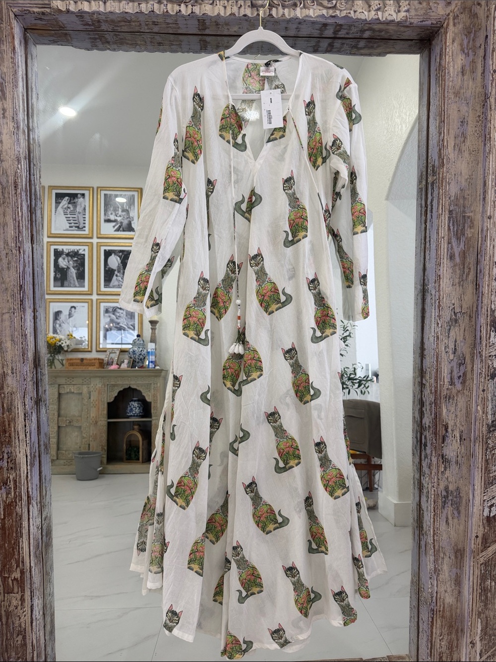 White 100% Cotton Maxi Dress with Colorful Cat Motif
